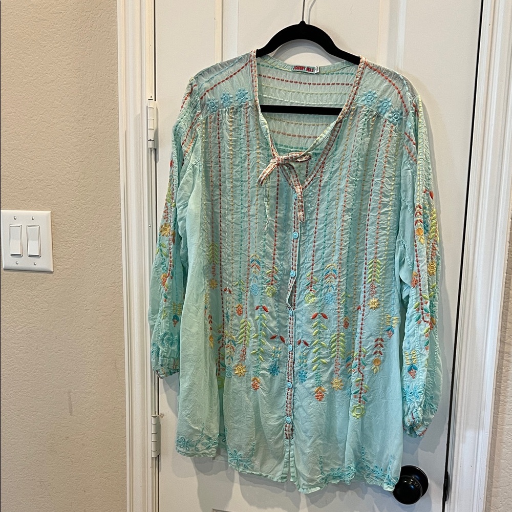 Johnny Was Light Blue Embroidered Blouse